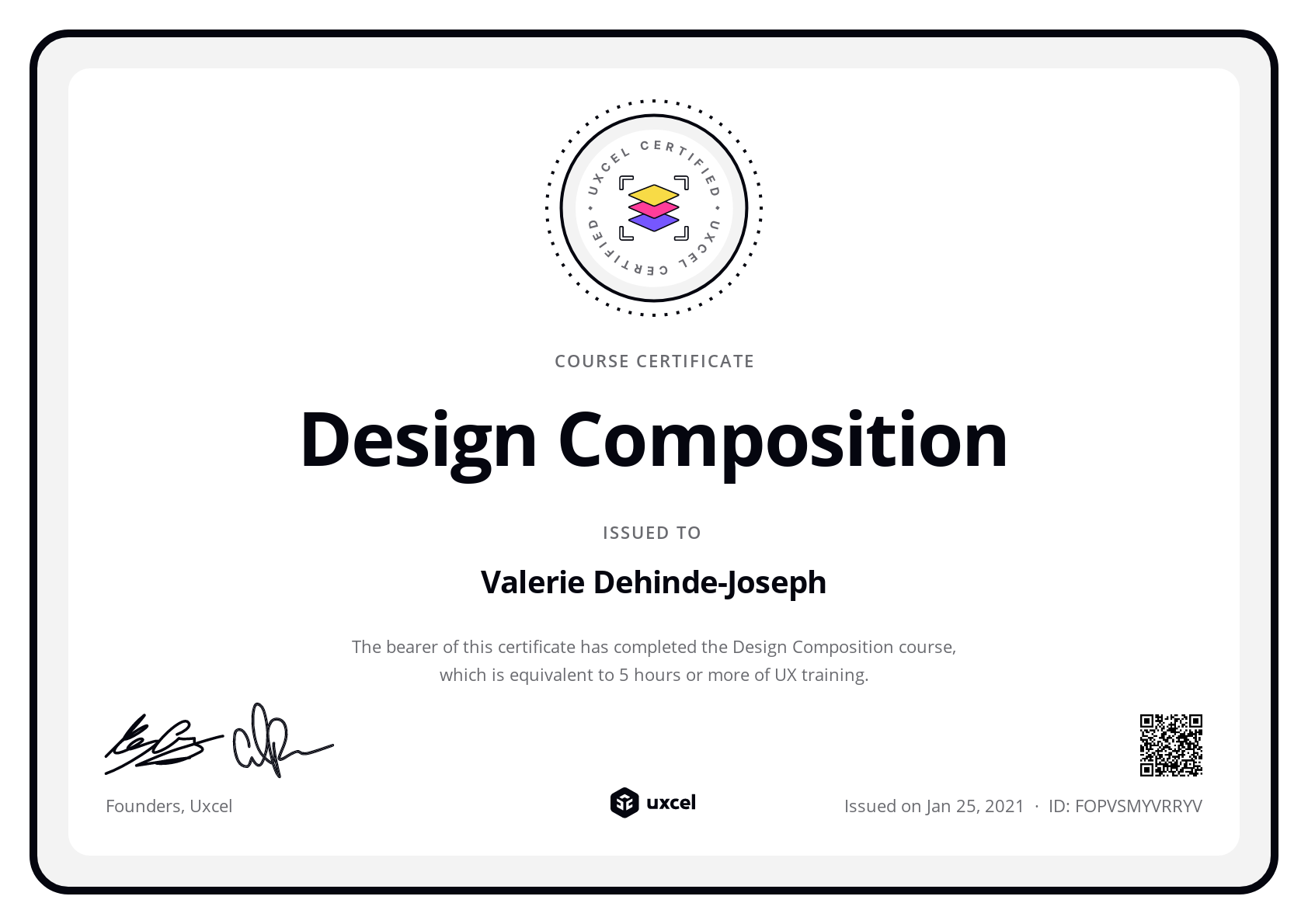 Valerie Dehinde-Joseph's certificate